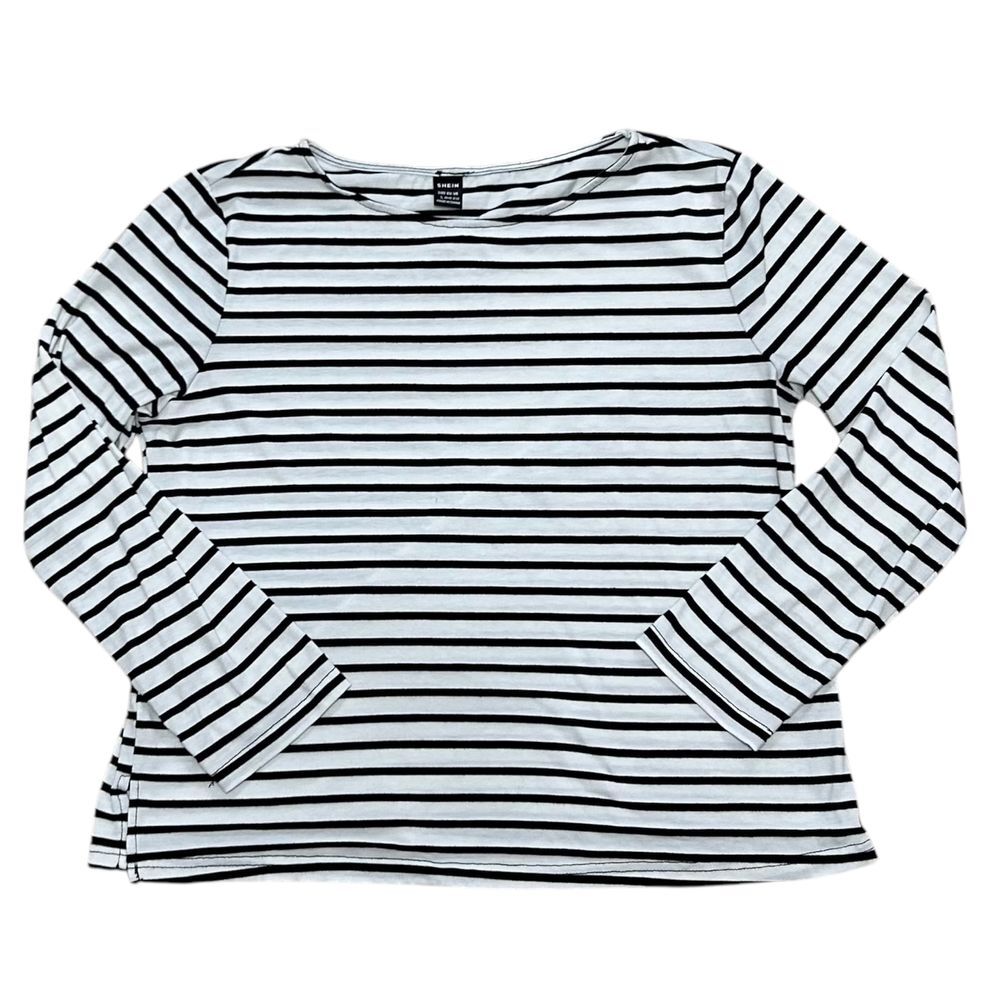 Large‎ Old money clean girl white black stripe boat neck top minimalist nautical